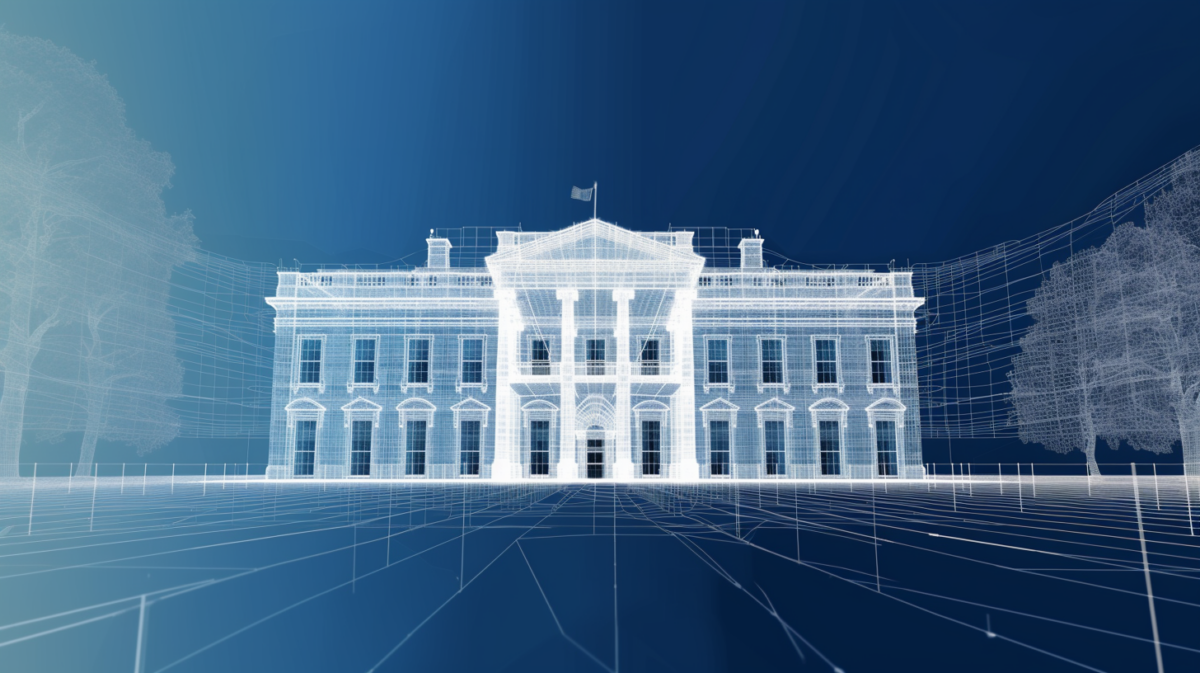 Illustration of a wireframe of the White House generated in a neural network