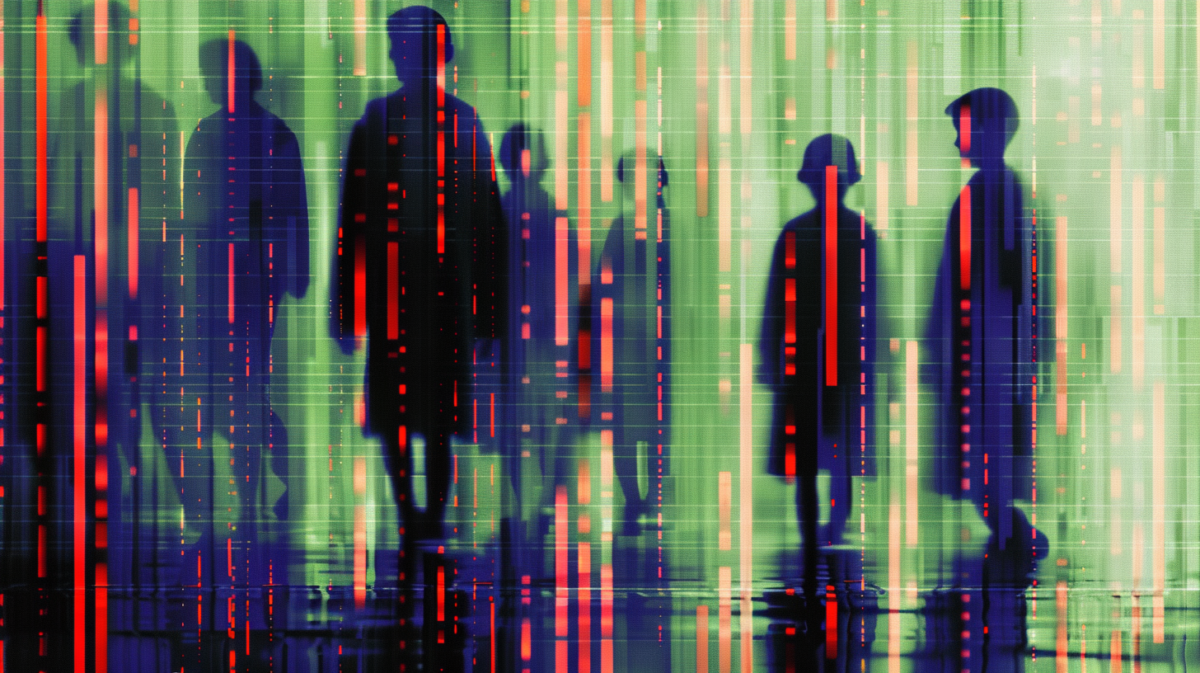 green shilouettes of children in an artificial intelligence data stream in a green glitch style aesthetic