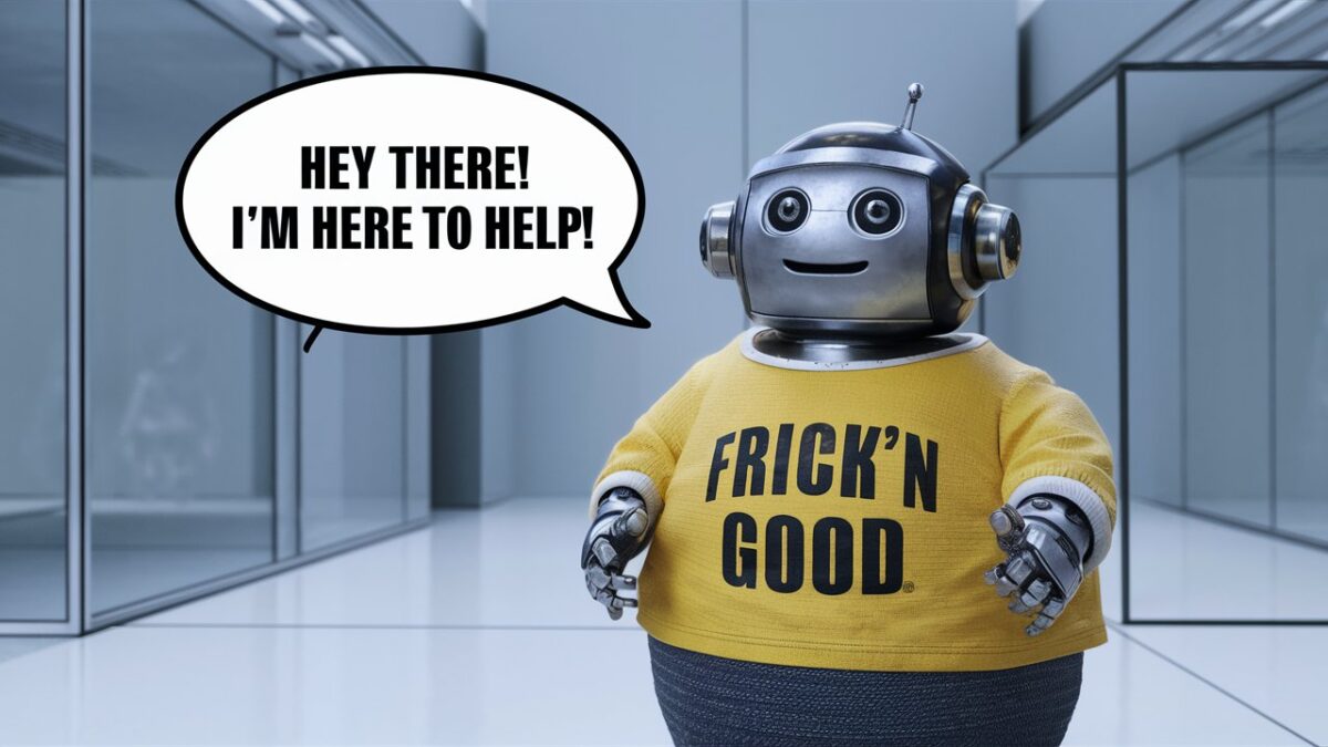 A quirky and humorous image of a chatbot with a round, robotic body. It is wearing a casual, bright yellow shirt with the bold words "Frick'n Good" printed on it. The chatbot has a friendly, expressive face with large, round eyes and a smile. A speech bubble emerges from its mouth, saying, "Hey there! I'm here to help!" The background is a minimalist, futuristic cityscape, with buildings made of glass and steel.