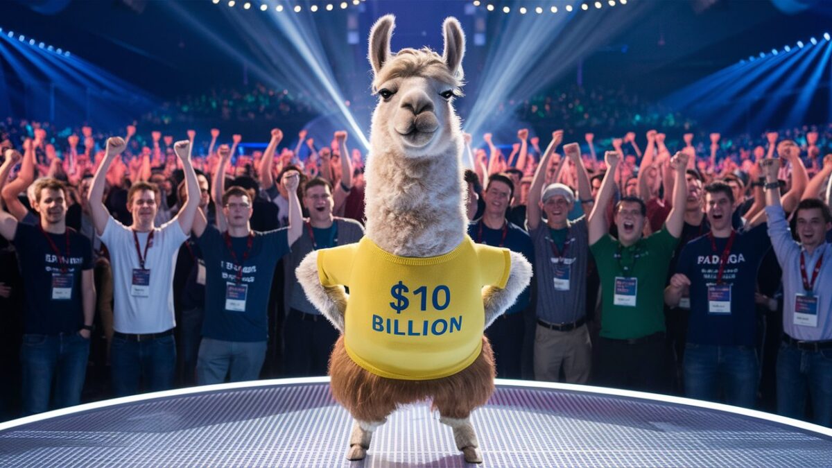 A comical and captivating scene of a llama wearing a bright yellow shirt emblazoned with the words "$10 billion". The llama stands confidently on a large stage, surrounded by dazzling lights and a sea of cheering developers in the background. The audience members are a mix of people wearing branded t-shirts and professional attire, all raising their fists in unison, creating a vibrant, energetic atmosphere. The overall impression is of a quirky, lighthearted moment during a major technology conference.