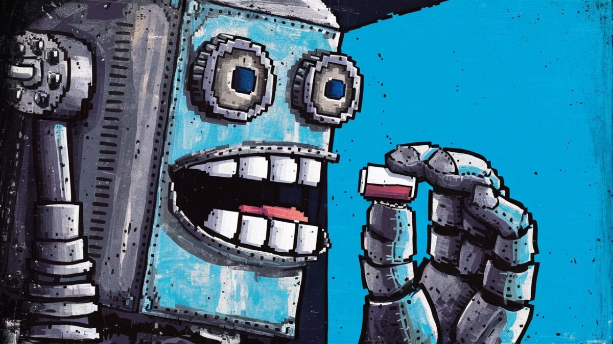 A quirky and vintage-inspired pixel art of a robot's close-up face, with its metal mouth clenching a small pill. The robot's eyes are simple circles, and its bolts and screws are visible, adding a touch of industrial charm. The background is a contrasting bright blue, which emphasizes the robot's metallic features. The overall mood of the art is playful, retro, and slightly futuristic.
