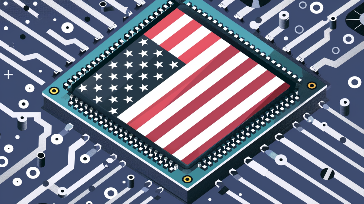 An editorial-style, hand-drawn modern illustration depicting a capable artificial intelligence computer chip with the flag of the USA on it. The illustration is sophisticated and thought-provoking, with a capable artificial intelligence computer chip depicted realistically, yet subtly altered to suggest artificiality. The background is elegant and minimalist, focusing the viewer's attention on the a capable artificial intelligence computer chip. The style is sophisticated and professional, suitable for an editorial context.