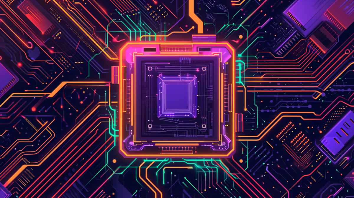 hand-drawn illustration of a semiconductor chip. It should convey the essence of a microprocessor or integrated circuit using bold, simplified geometric shapes and lines. The colors should be more abstract and artistic, using broad strokes of purples, oranges, and greens to suggest a reflective surface without the intricate details of the actual circuitry. The overall design should be modern and minimalistic, focusing on the square shape of the chip with suggestive outlines of internal components
