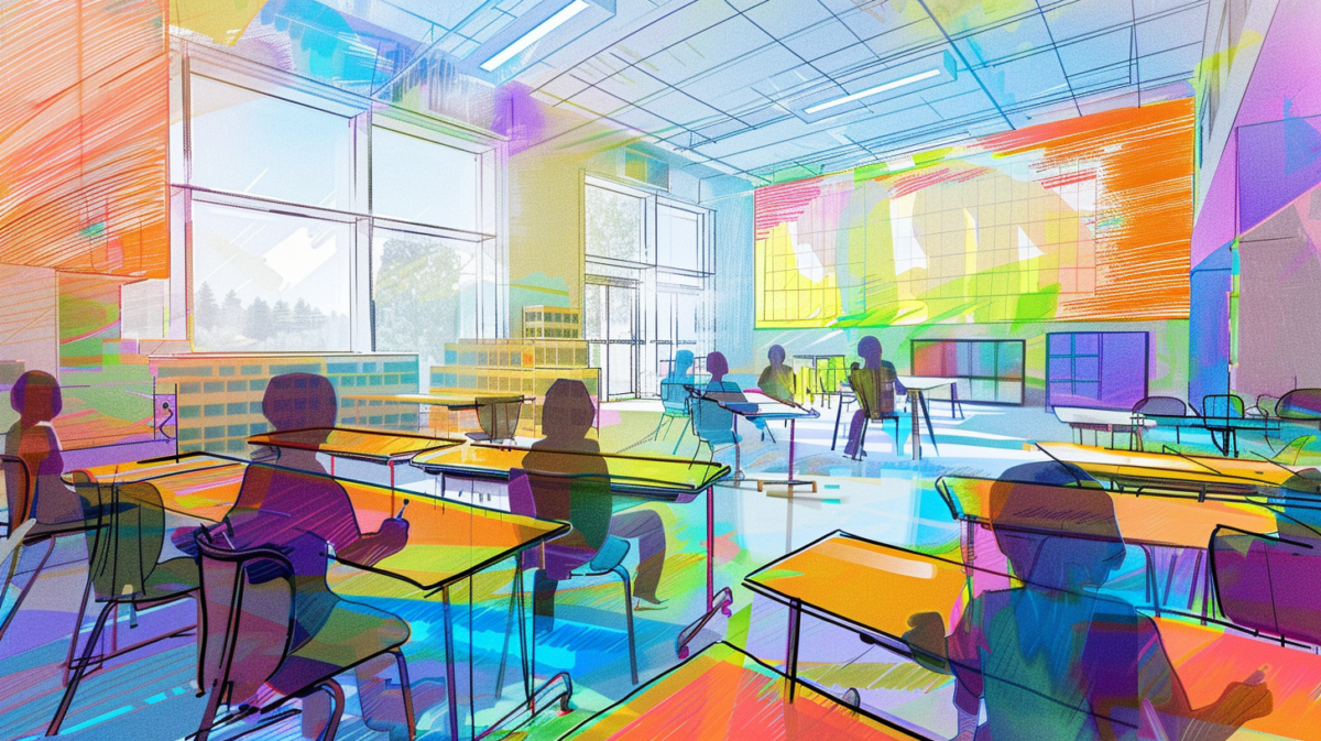 AI illustration of a classroom in the style of a wax crayon drawing.