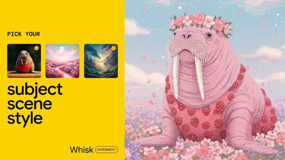 Digital illustration: pink walrus with flower wreath and polka dot dress in a pastel-colored spring landscape with falling petals.