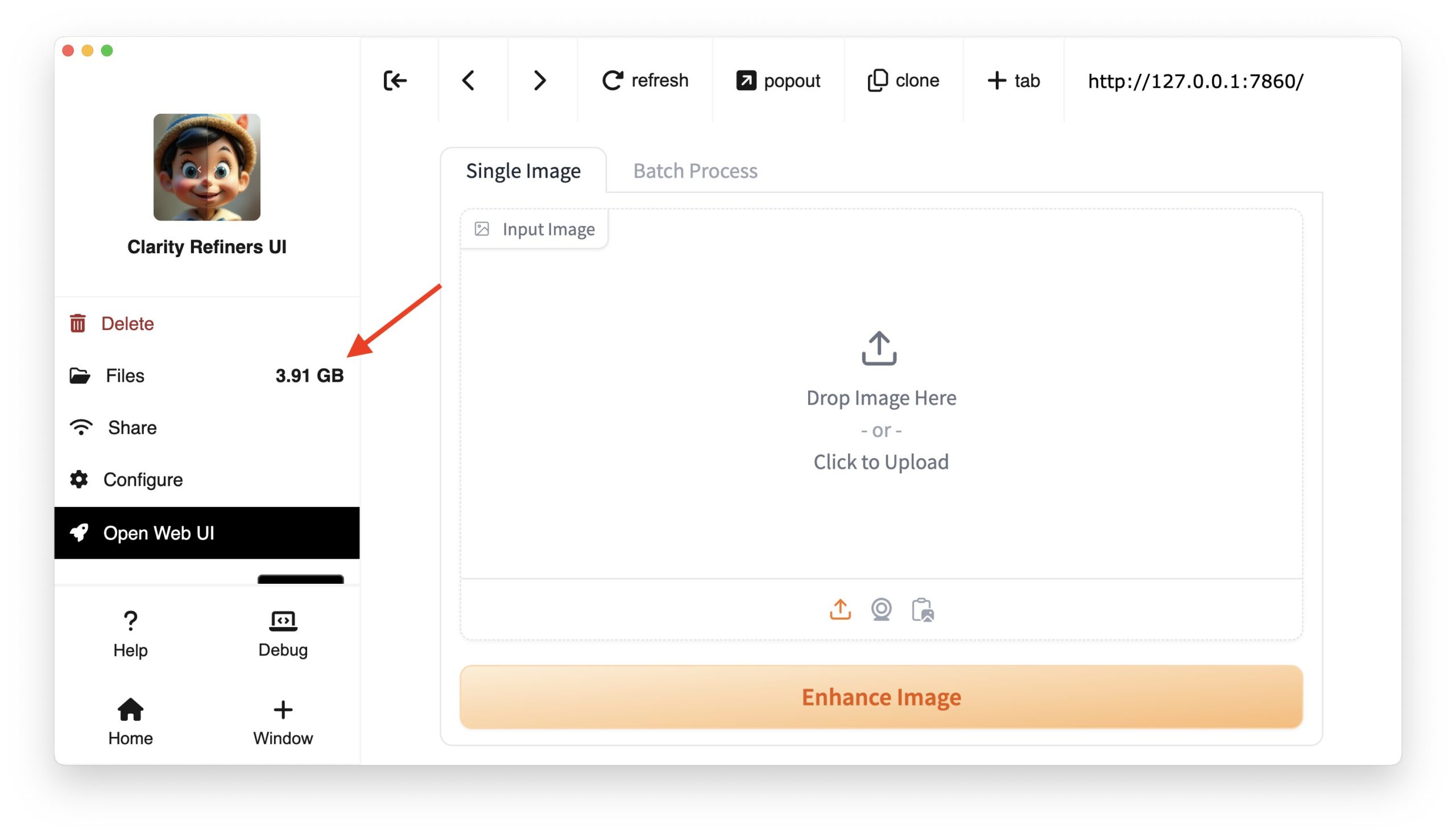 Browser-based UI for image enhancement with upload area, navigation elements and configuration options, 3.91 GB storage display.