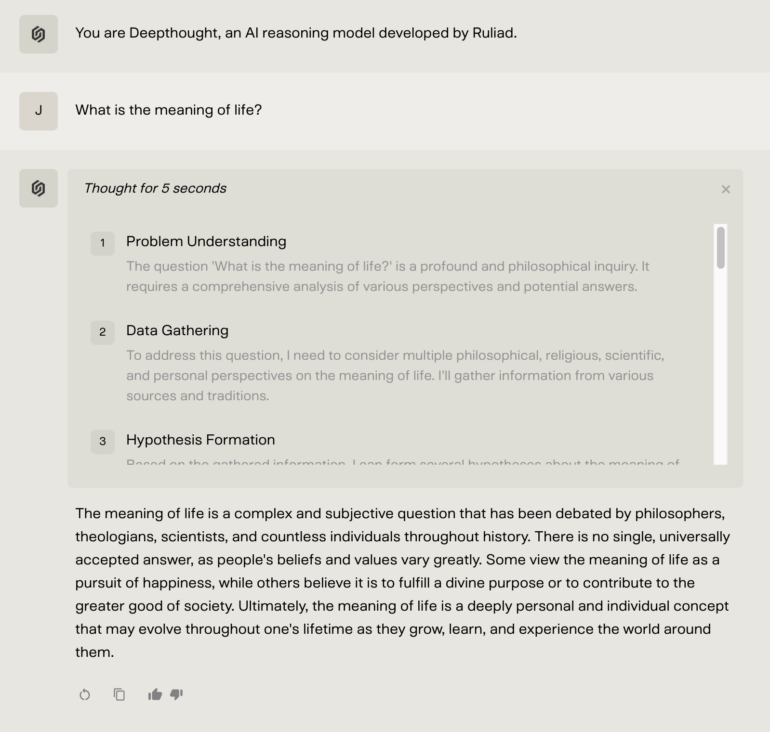 Screenshot eines KI-Dialogs: Deepthought analysiert die Frage nach dem Sinn des Lebens in strukturierten Denkschritten mit transparentem Reasoning-Prozess.