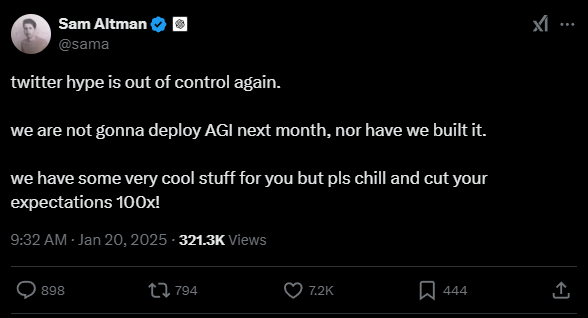 OpenAI CEO Altman tells followers to "chill and cut expectations 100x" amid AGI hype