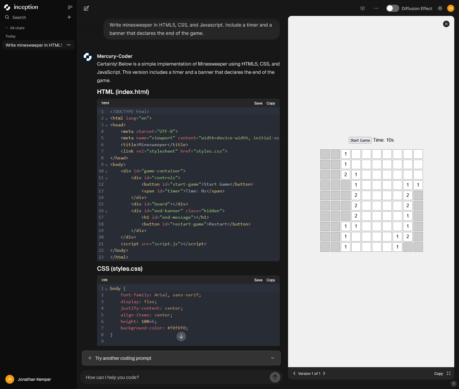 Screenshot of a code development environment with a preview of an HTML website and a Minesweeper game board on the right.