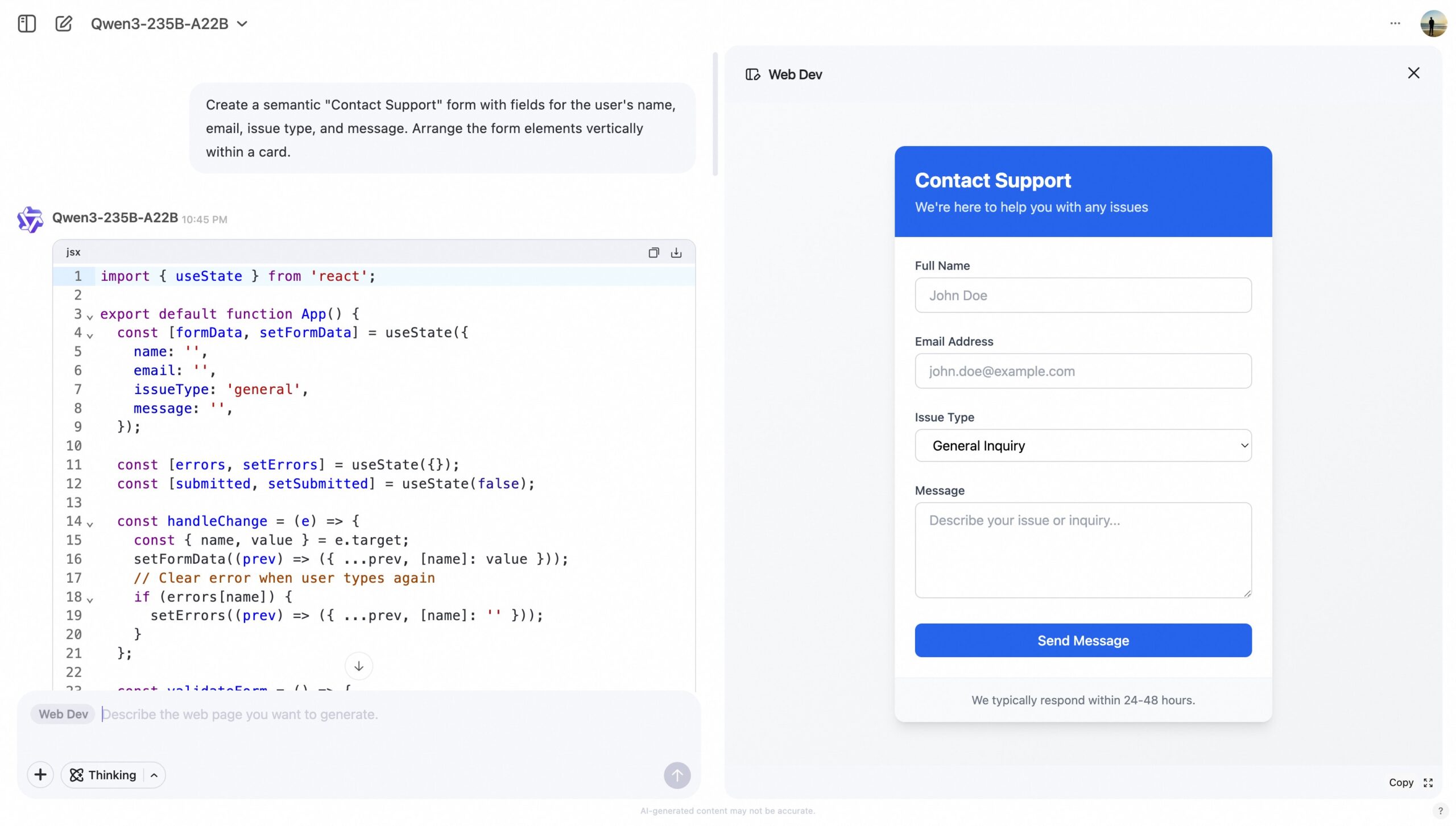 Qwen Web Dev: Contact form prompt generates React code and a preview of a structured support form in card view.
