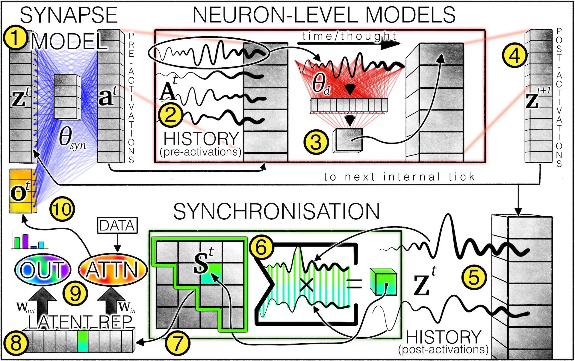 Diagram: Overview of the CTM architecture with synapse model, neuron models and synchronization.