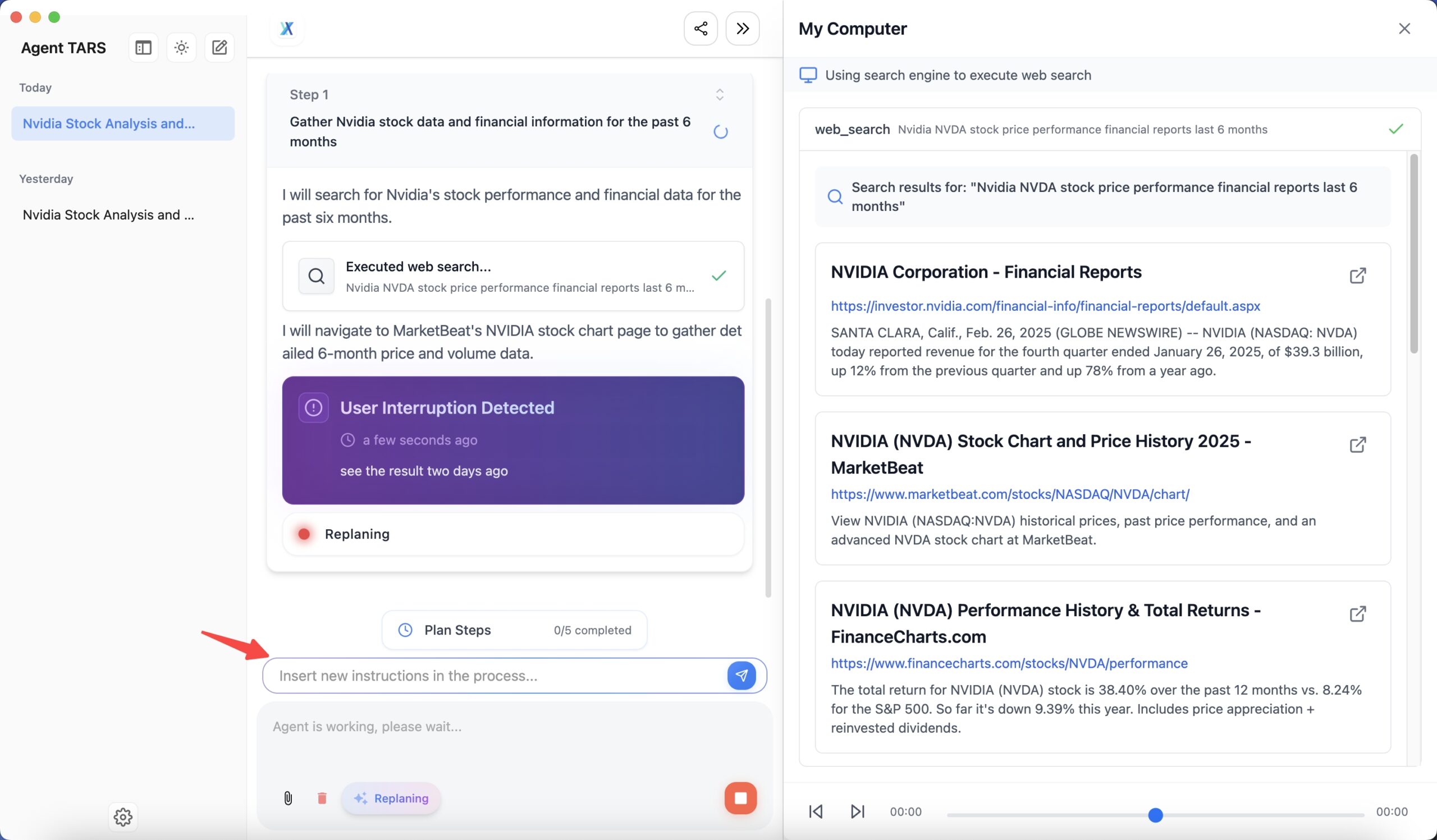 User interface of an AI agent with search bar, task list, and analysis results for Nvidia stock data.