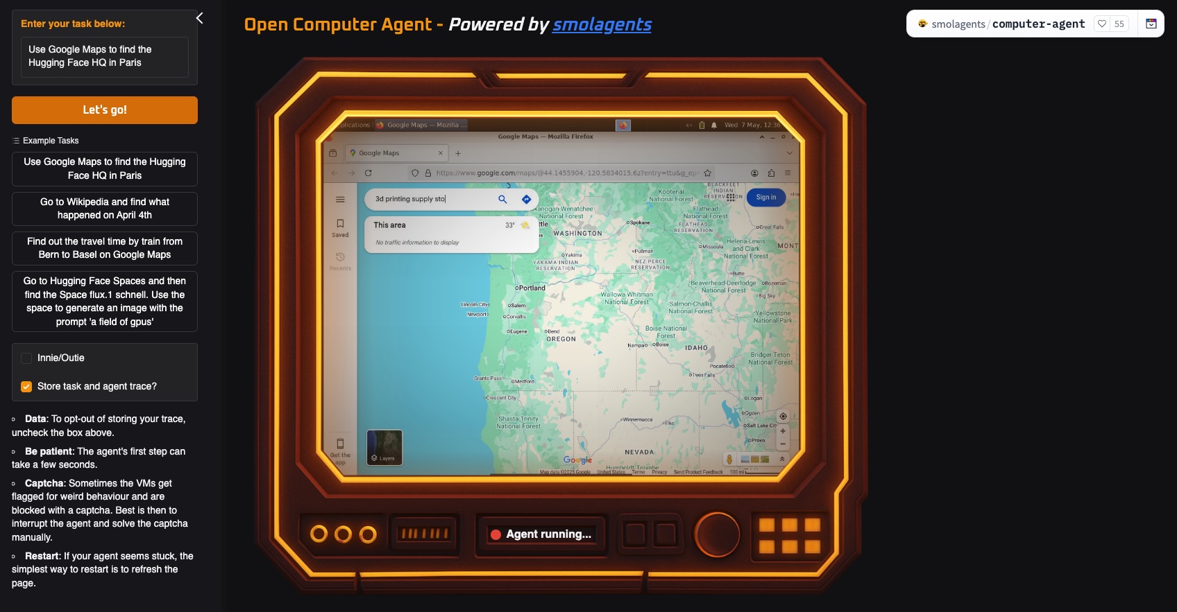 Screenshot: Benutzeroberfläche des Open Computer Agent mit Eingabefeld für Aufgaben und Anzeige der Agenten-Aktivität in Google Maps.