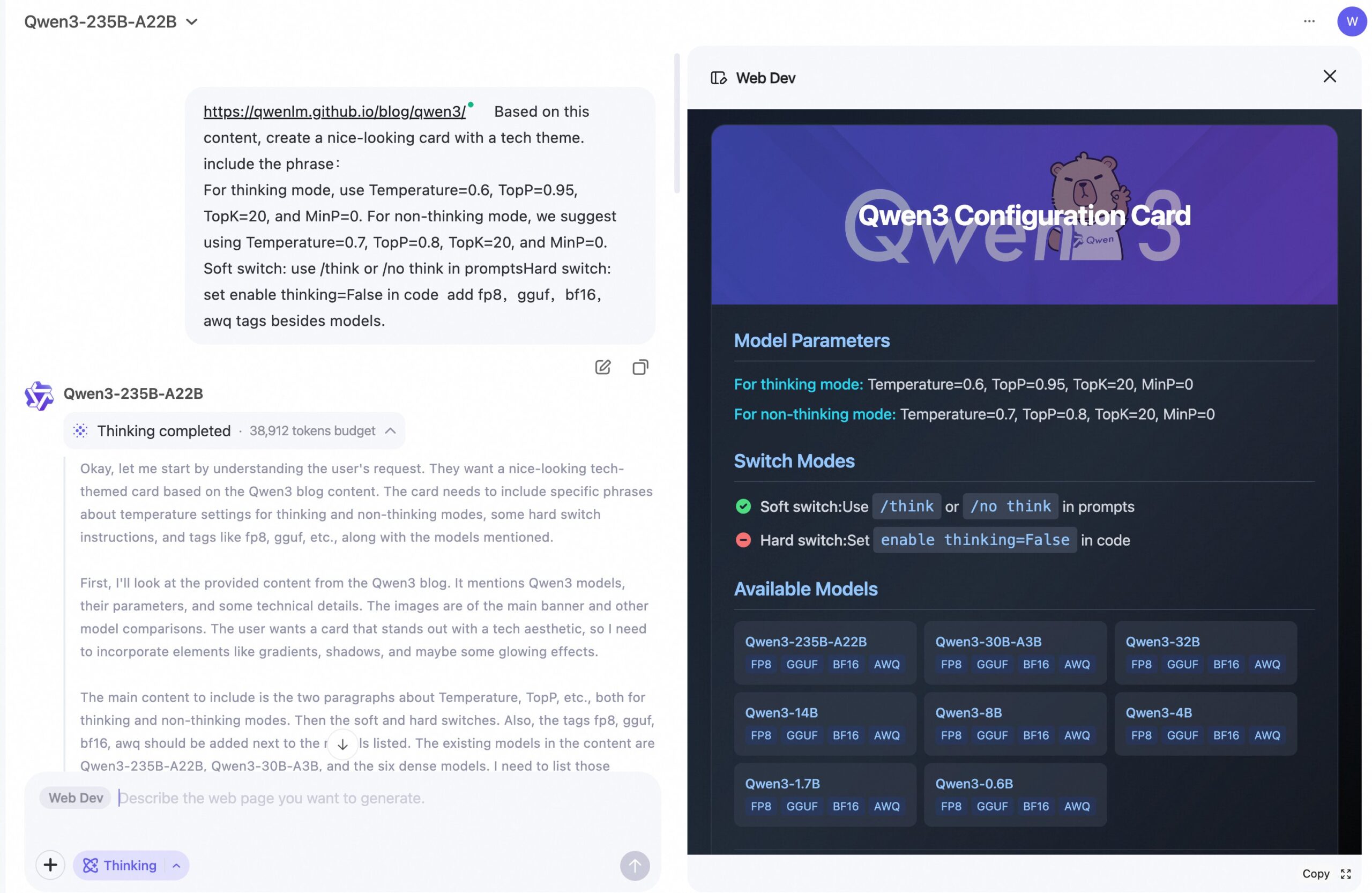 Qwen Web Dev: Technical prompt generates a Qwen3 configuration map with model parameters and switch options as visualization.
