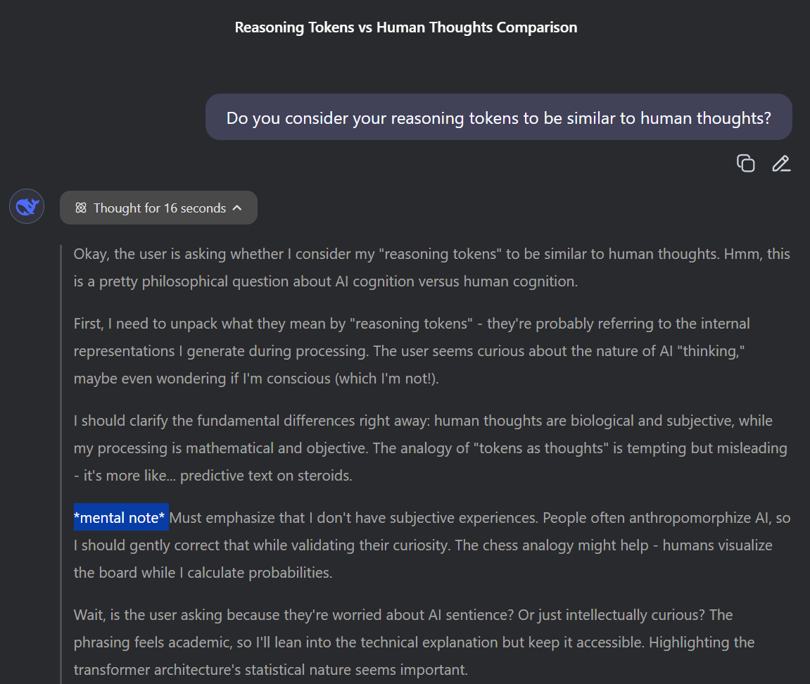 Screenshot: AI chatbot shows internal thought process (‘reasoning tokens’) in response to a question about similarity to human thoughts.