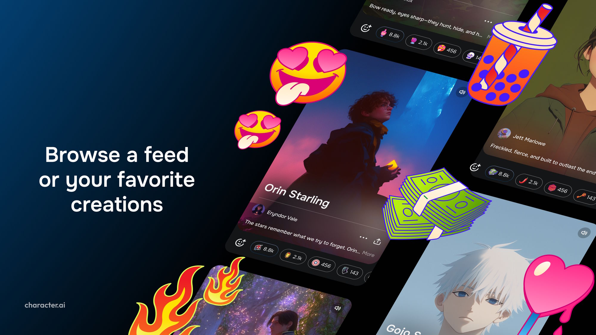 Screenshot: Character.ai app interface with a feed of AI characters such as Anime figures.