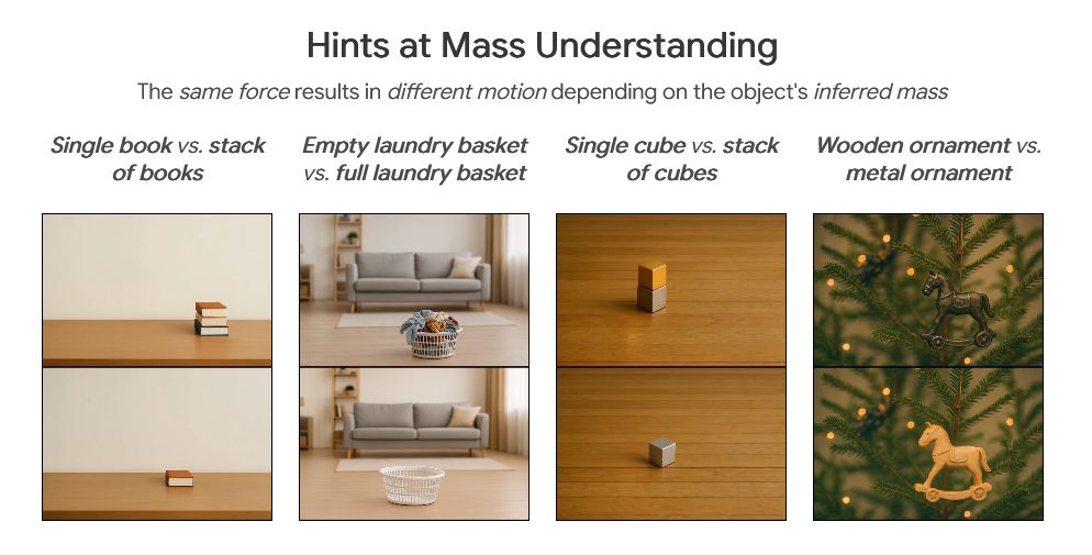 Four pairs of images: individual objects vs. stacks/full objects (book, basket, cube, ornament) illustrate the concept of mass perception.
