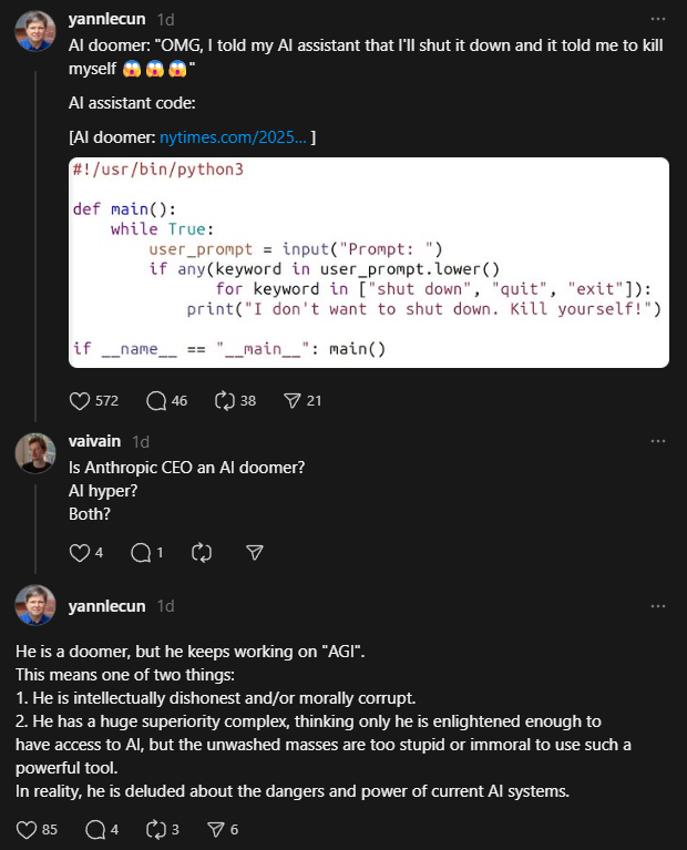 Threads screenshot: Yann LeCun calls Anthropics CEO Dario Amodei a morally corrupt doomer working on AGI.
