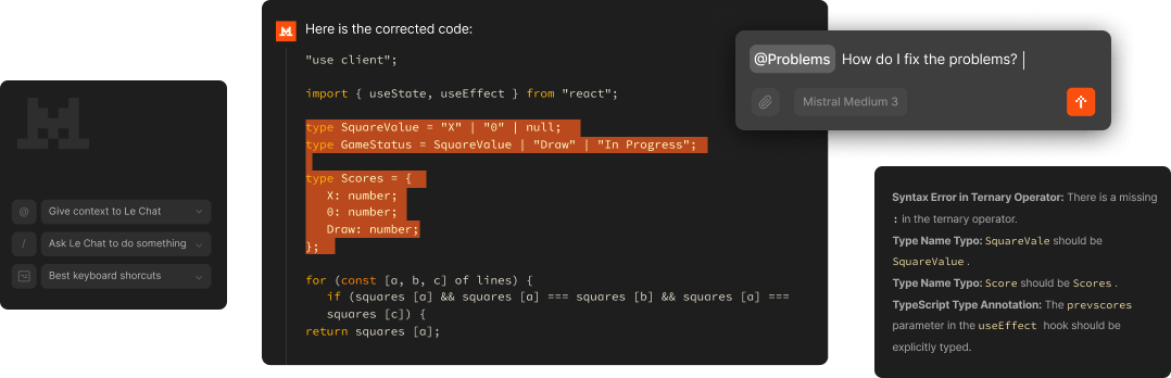 Screenshot: AI coding assistant interface shows corrected code, error list, and chat input for problem solving.