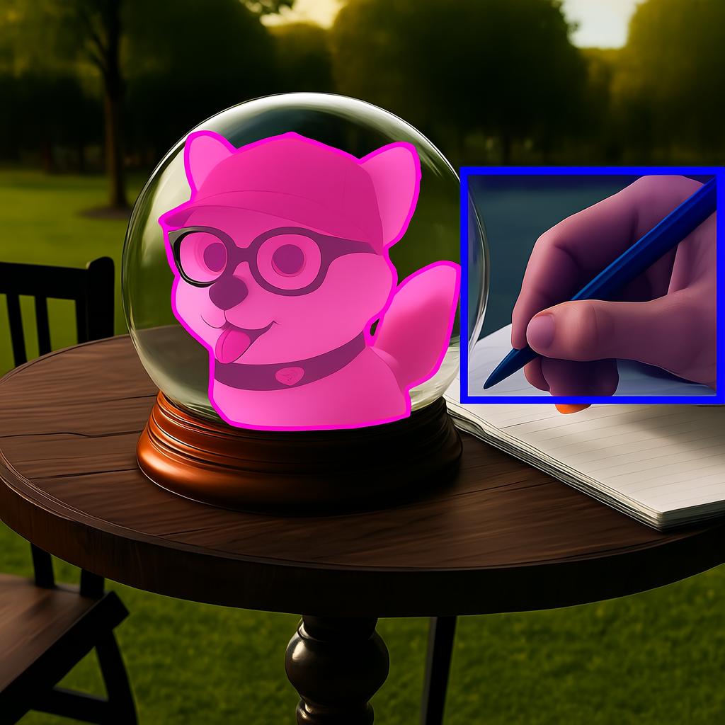Glass dome on wooden table with bright pink dog sculpture and hand writing in a notebook with a pen.