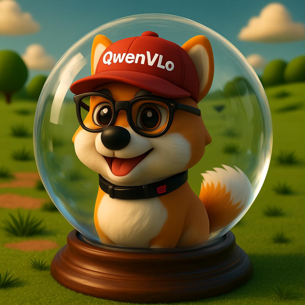 3D Shiba Inu avatar with glasses and red QwenVLo cap in glass ball on meadow