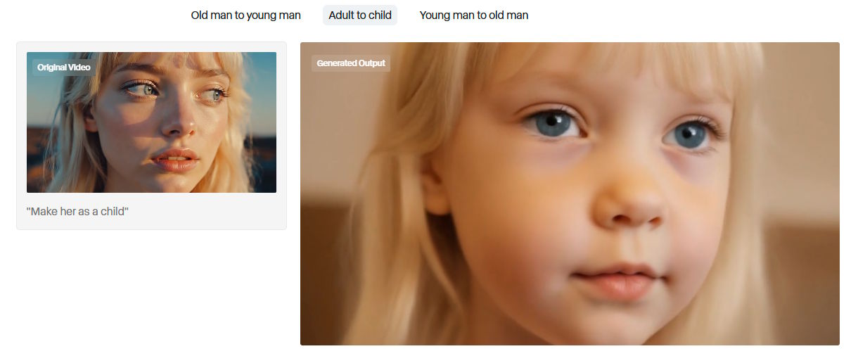 Screenshot of an AI tool with original video of an adult and generated child portrait in the “Adult to child” tab.