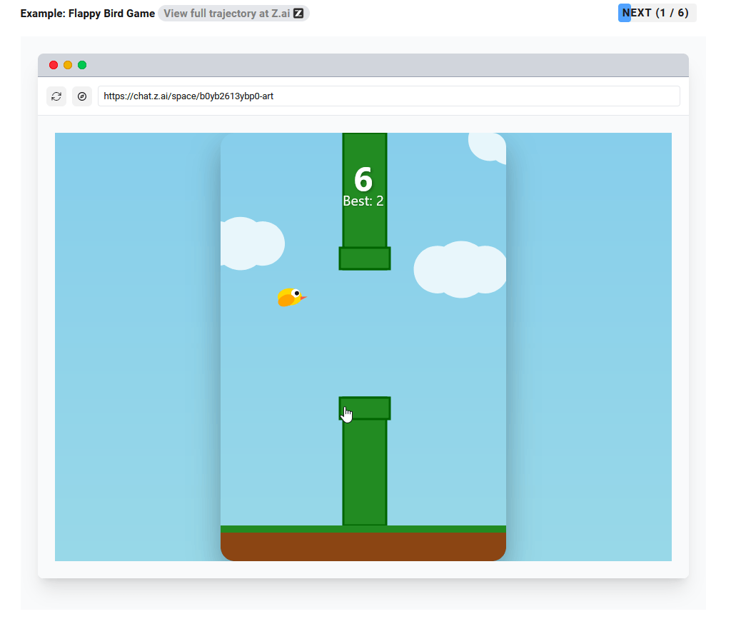 Browser screenshot of a Flappy Bird clone at chat.z.ai with a score of 6 and a best score of 2.