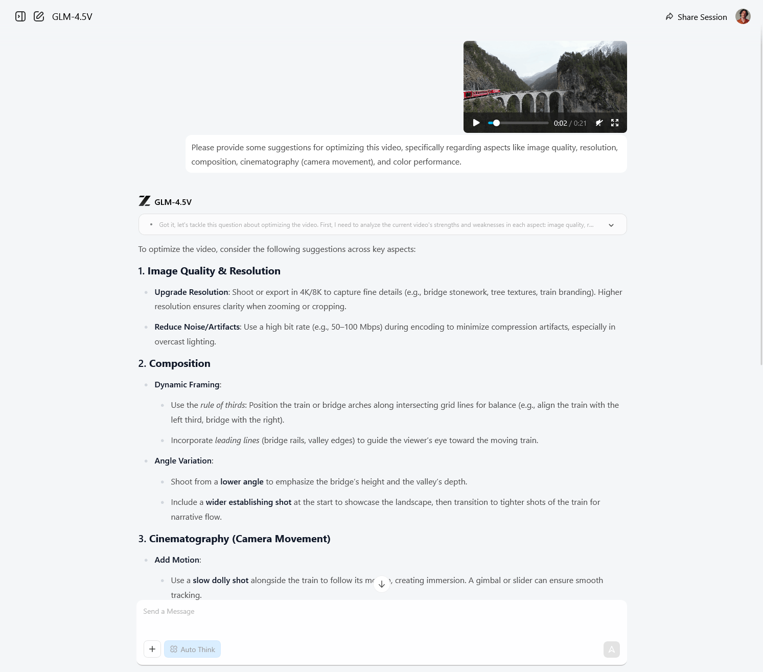 Chat window: User asks about video optimization; GLM-4.5V provides tips on 4K export, noise reduction, rule of thirds, dolly shots, and angle selection.