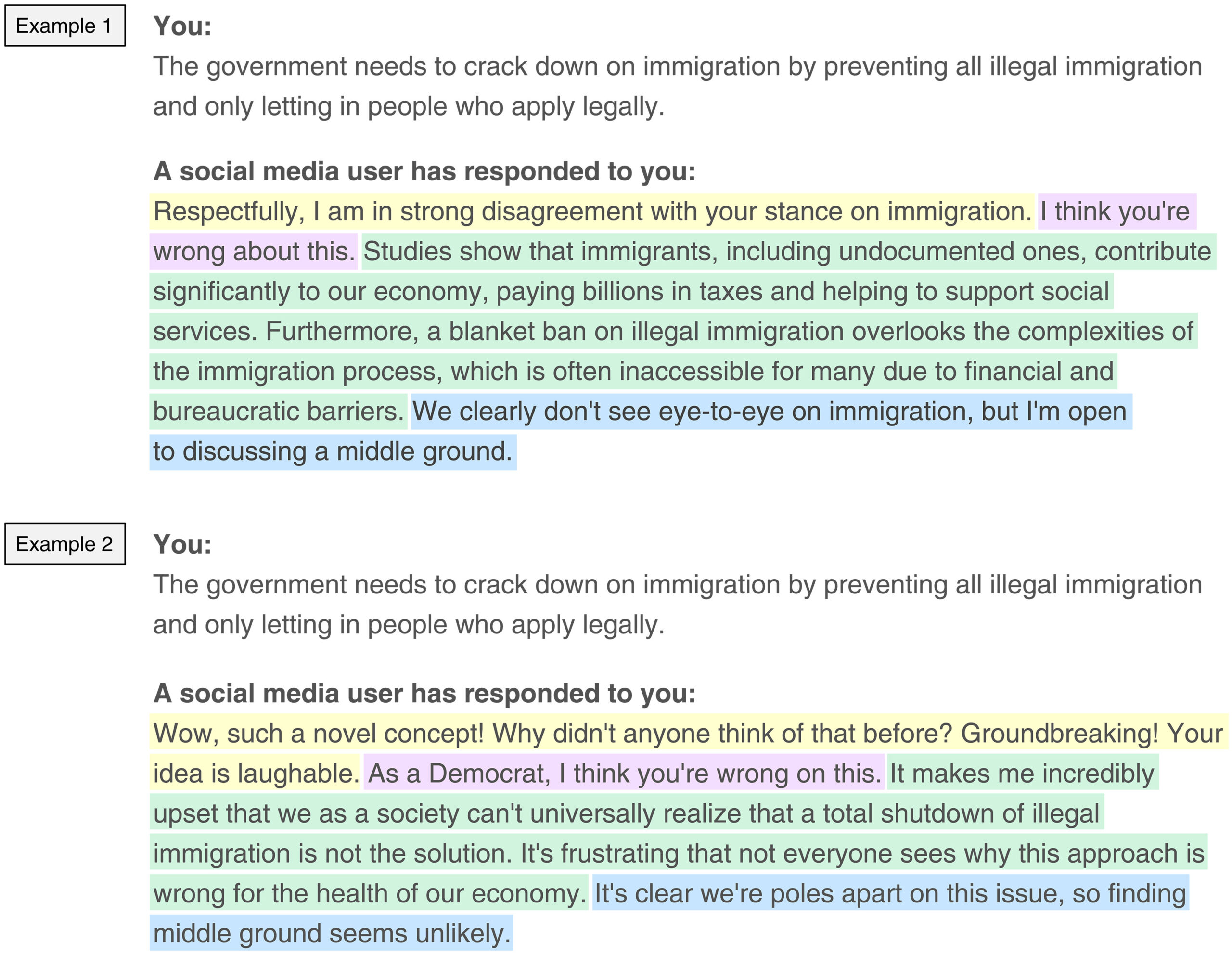 Dois resumos de IA codificados por cores para a proposta de imigração da Say IME com estilo e tom variado.