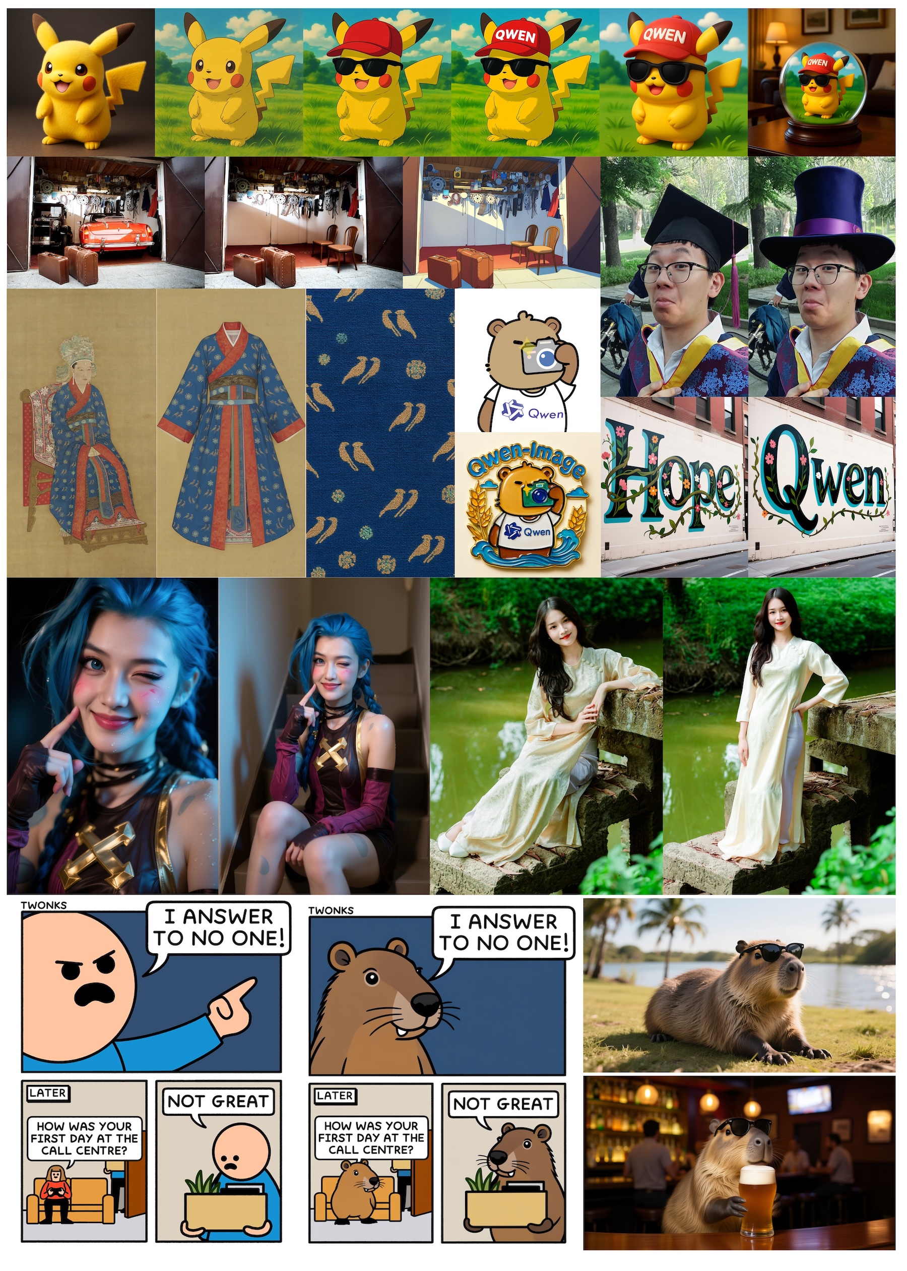 Collage of 24 scenes: Pikachu variants, garage scenes, traditional robes, Qwen logos, portraits, comics, and capybara photography.