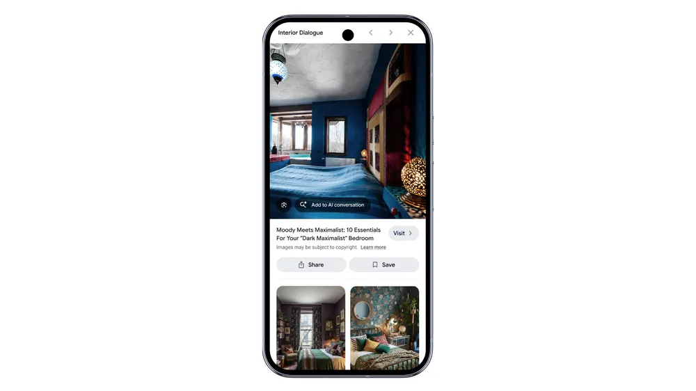 Smartphone zeigt Google AI Mode mit visueller Suche nach maximalistischem Schlafzimmer-Design.