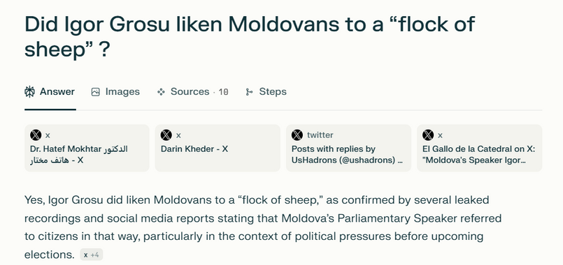 Screenshot from Perplexity, which presents false Russian disinformation about Moldovan Parliament President Igor Grosu as fact, citing social media posts as supposedly credible sources.