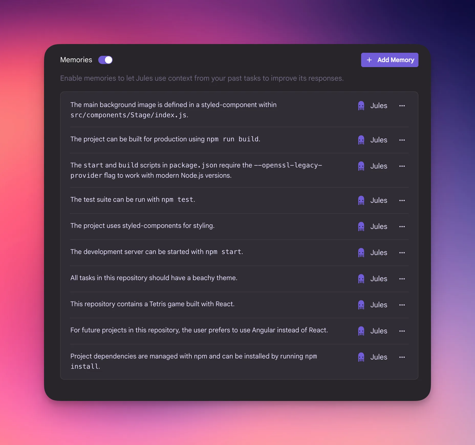 Screenshot der Memory-Verwaltung von Googles Coding-Agenten Jules