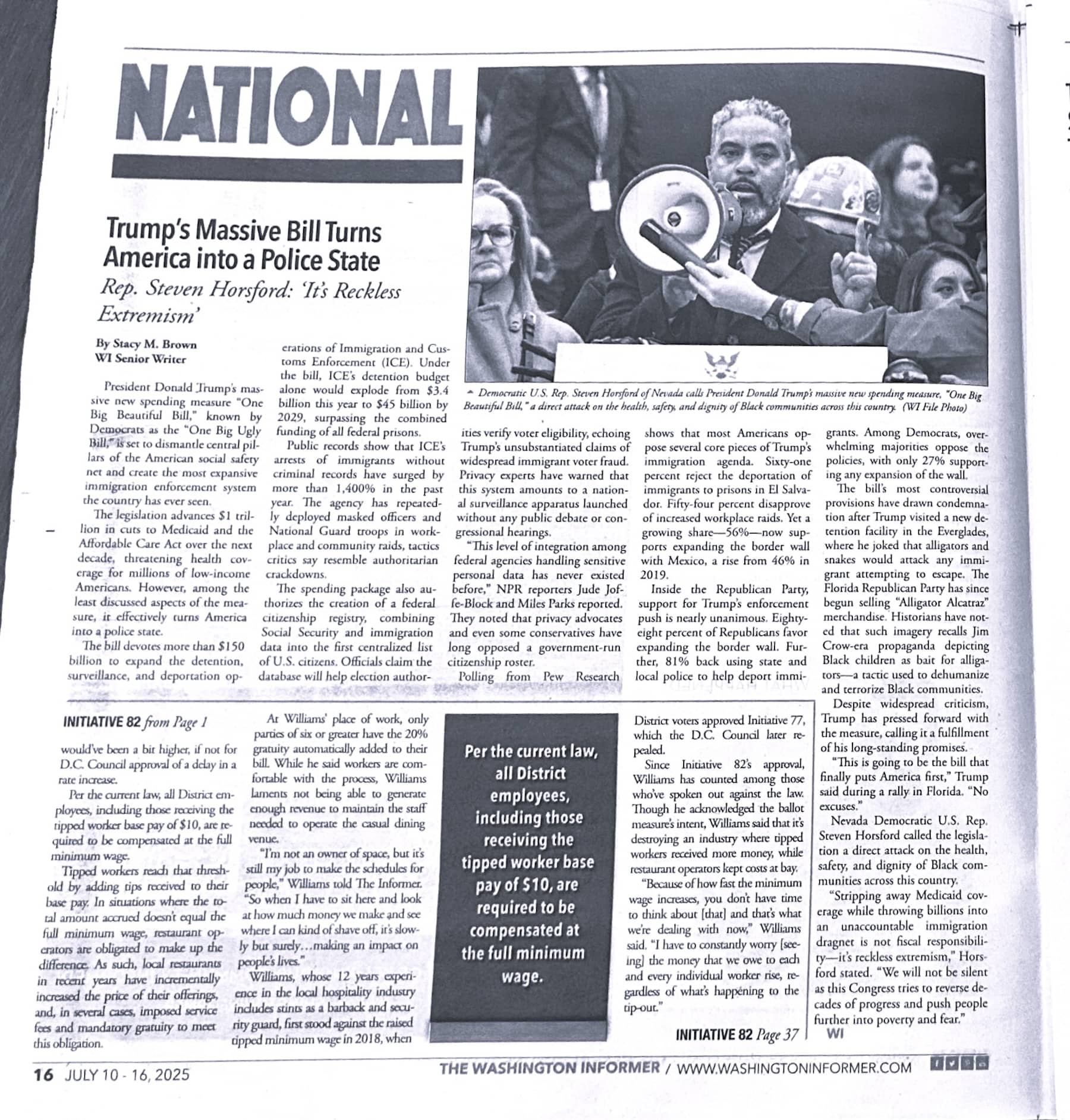 Newspaper page from the Washington Informer from July 2025 with articles about Trump's draft legislation and minimum wage initiative, exemplary for AI-generated content in print media.