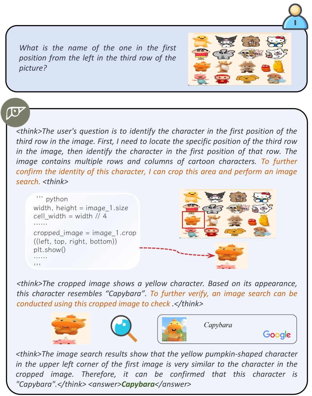 Illustration of the VLLM thought process: The user submits an image query, the assistant crops the image and searches for results that identify “capybara.”