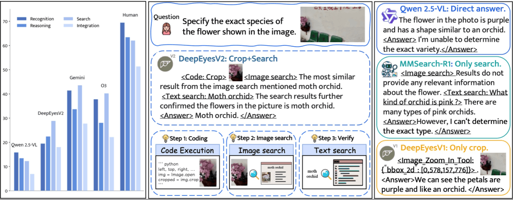 Bar chart showing recognition, reasoning, search, and integration accuracy of different models, plus DeepEyesV2 crop+search example for flower species identification.