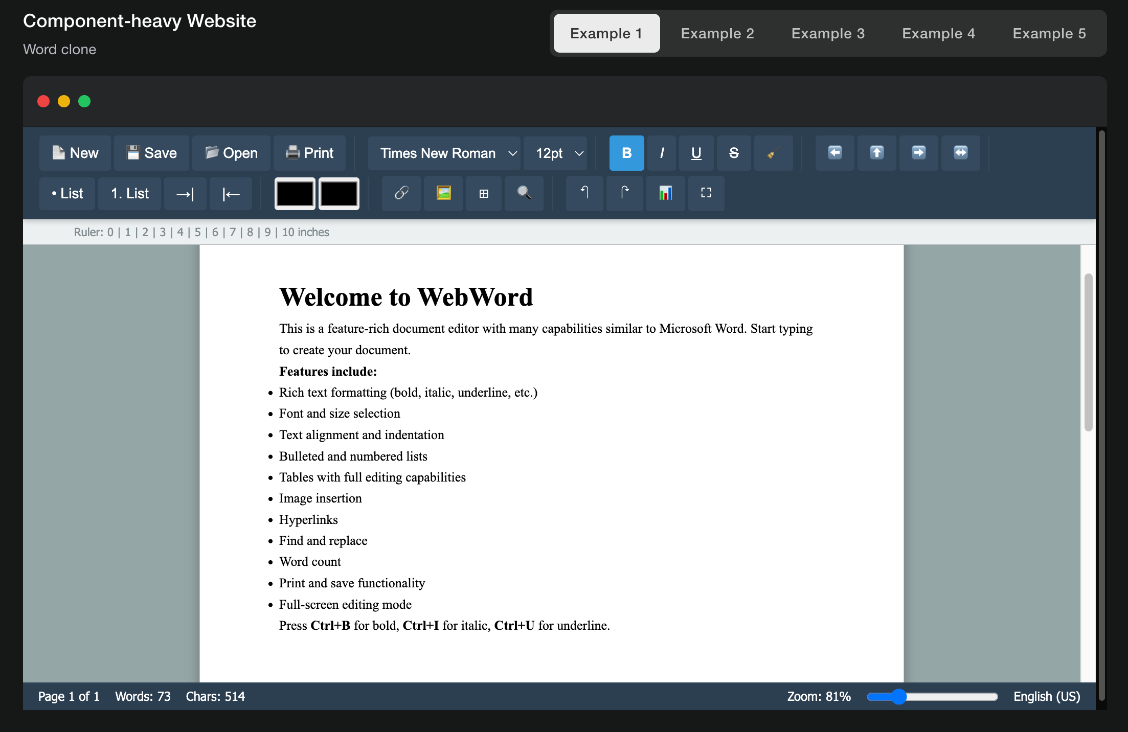 Web-based document editor with Word-like toolbar, ruler, font formatting, lists, tables, and full-screen mode.
