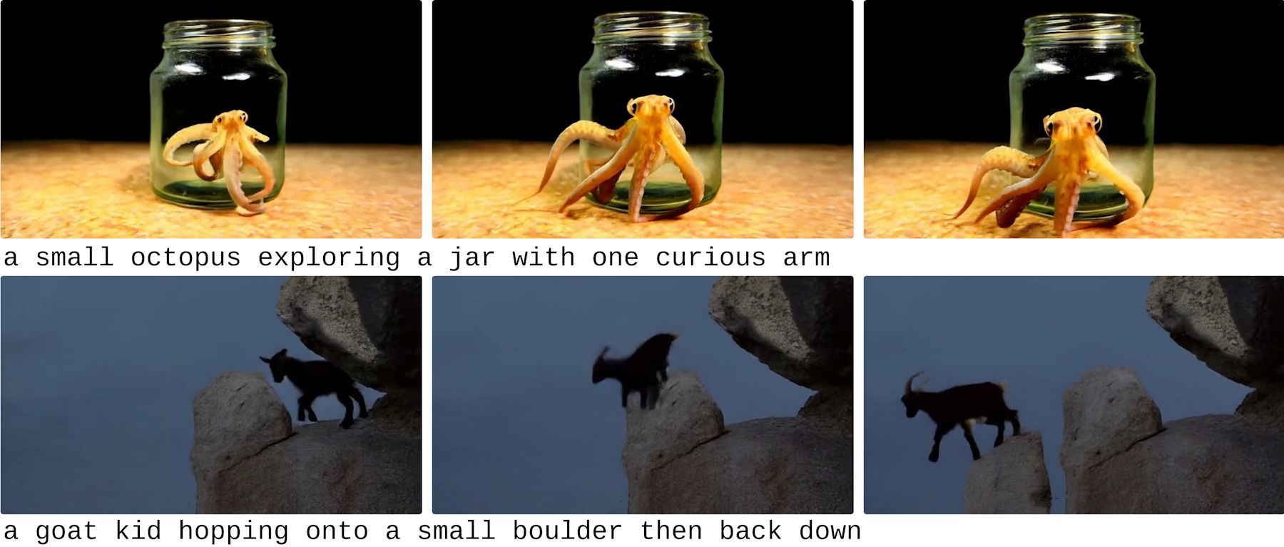 Two error examples in three frames each. Top: Octopus in a glass, its tentacles physically incorrectly passing through the glass. Bottom: Goat on rocks, under which a stone suddenly appears.