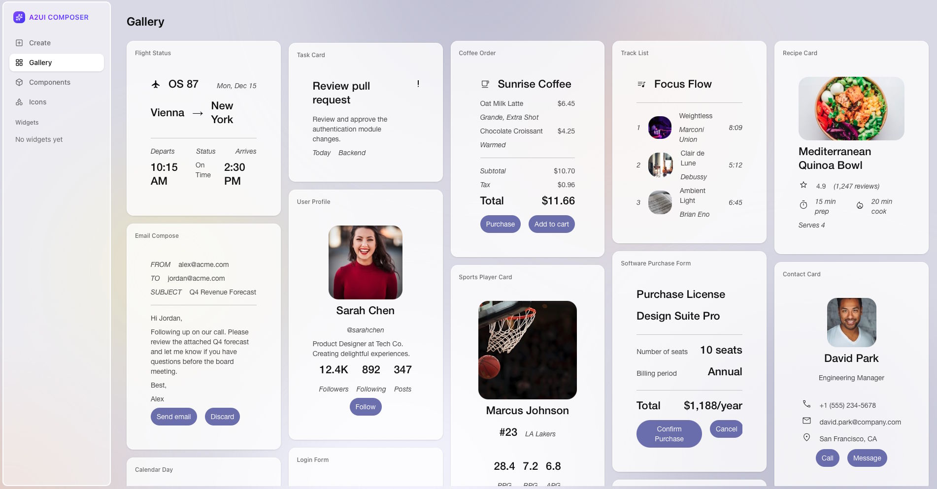 Screenshot einer "A2UI Composer"-Galerie, die verschiedene UI-Karten zeigt, darunter Flugtickets, Aufgabenlisten, Kaffee-Bestellungen, Musikplayer, Rezeptkarten, Profilansichten und Kauf-Formulare.