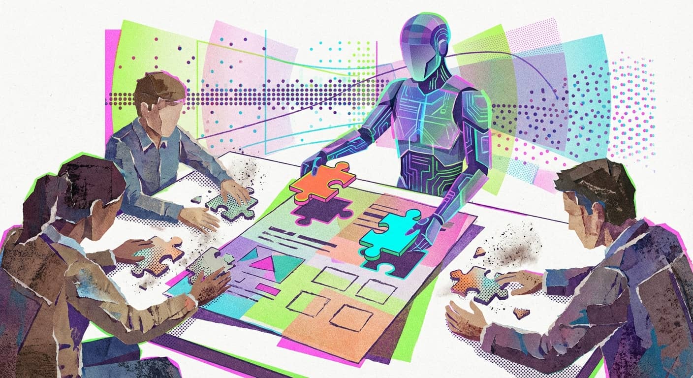 Illustration: Three people and a robot put puzzle pieces together on a table in front of a digital background.
