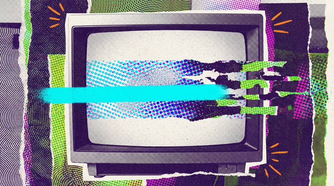 Retro illustration: An old tube TV in a colorful collage with glitch effects and pop art elements.
