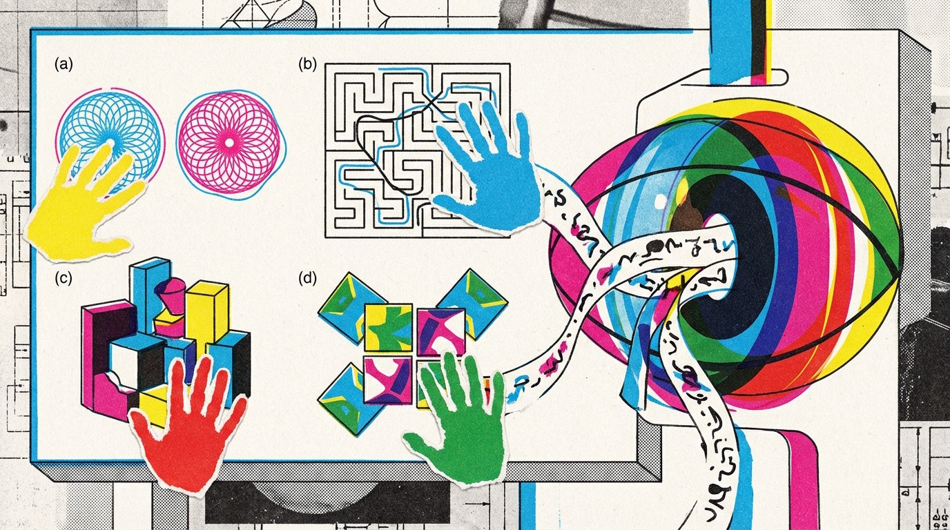 Four colored hands work on spirograph circles, a labyrinth, a 3D puzzle and square shapes.

