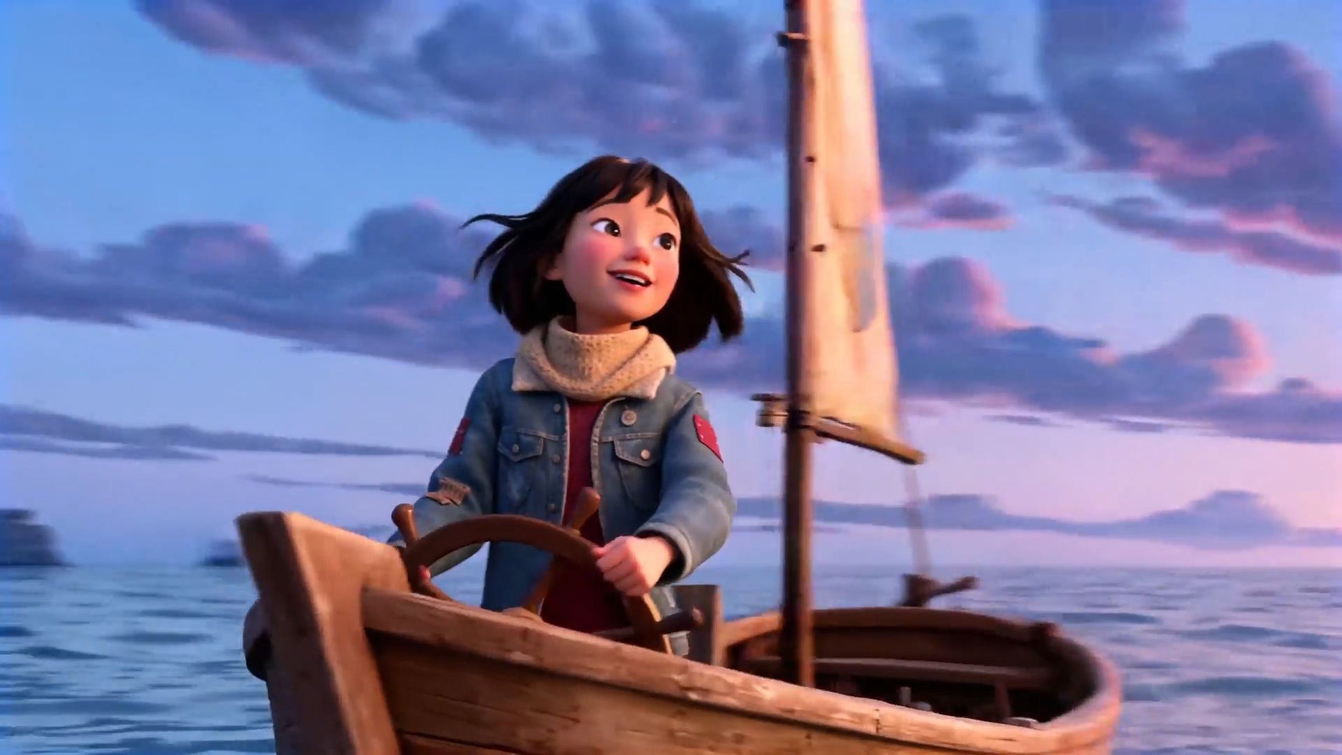 Cartoon girl in denim jacket and scarf smilingly steers a wooden sailboat on a calm sea with a pink evening sky.
