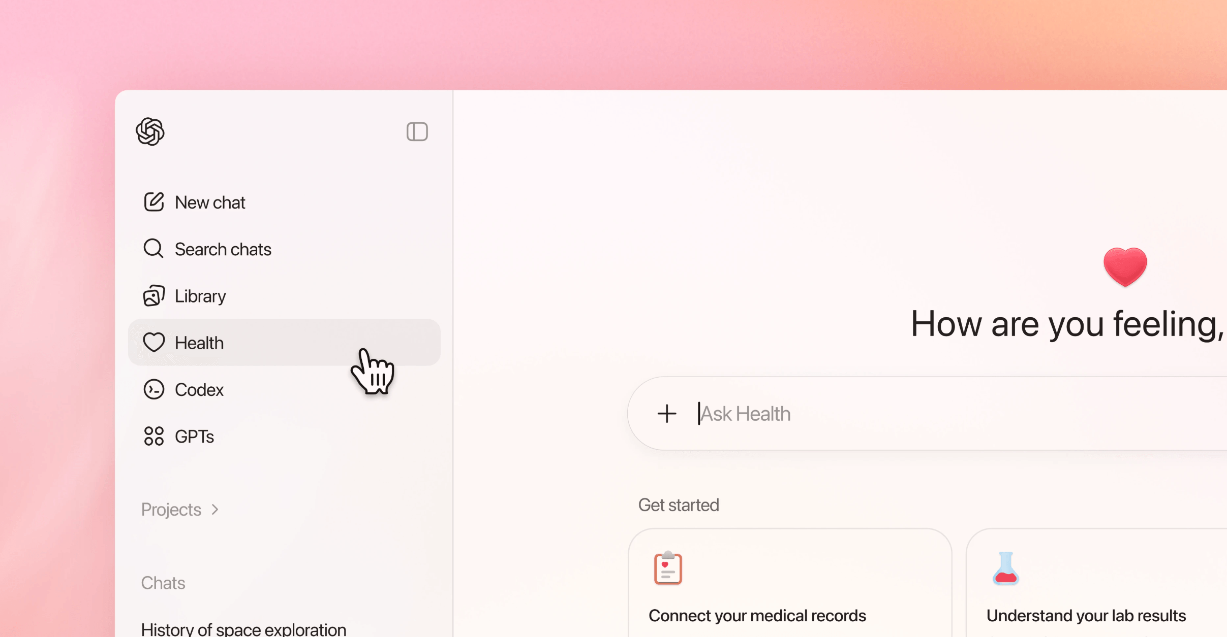 ChatGPT Health Oberfläche mit Sidebar-Navigation und Gesundheitsbereich