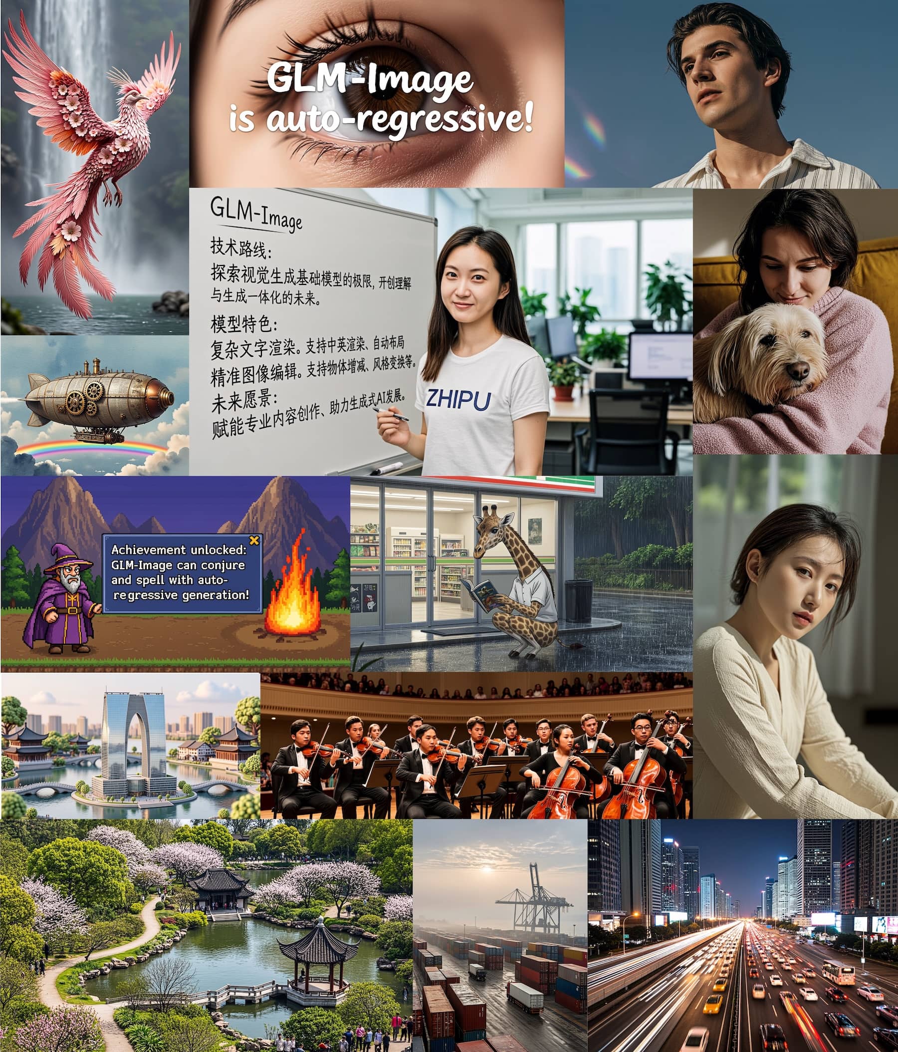 Raster mit mehreren von GLM-Image generierten Beispielbildern, darunter Porträts, Landschaften und stilisierte Illustrationen.