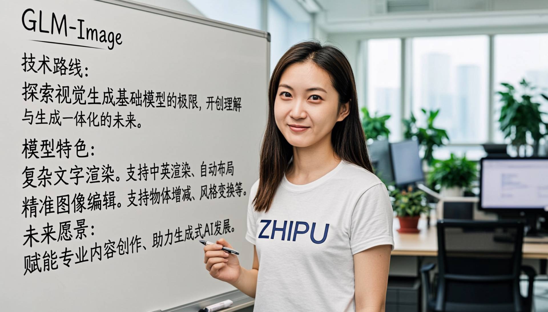 Young woman with ZHIPU shirt holds marker in front of whiteboard with Chinese texts on GLM image model functions in office
