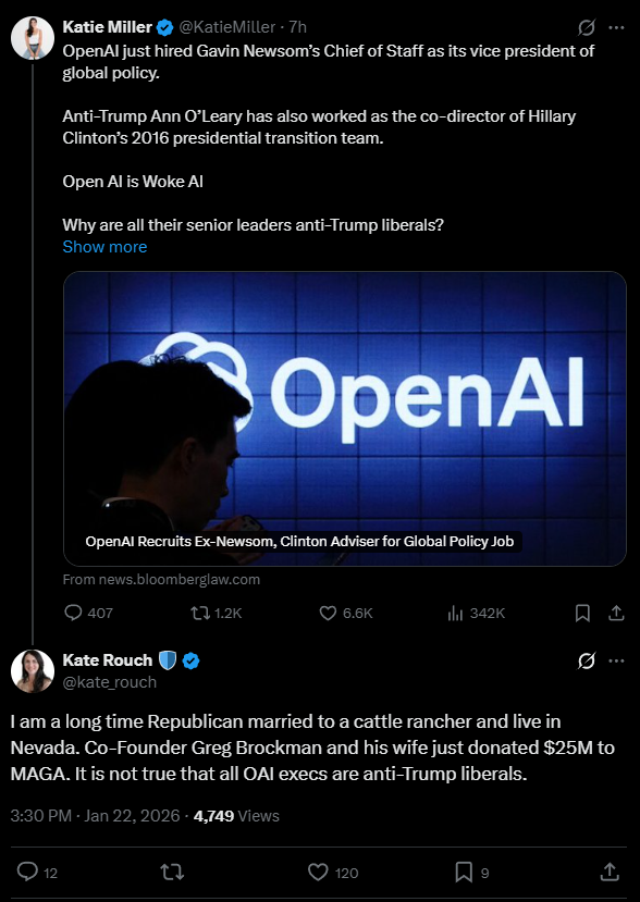 OpenAI's head of marketing Kate Rouch responded to accusations that the company's leadership is anti-Trump by pointing to her own Republican background and a $25 million MAGA donation from co-founder Greg Brockman. | Screenshot via X