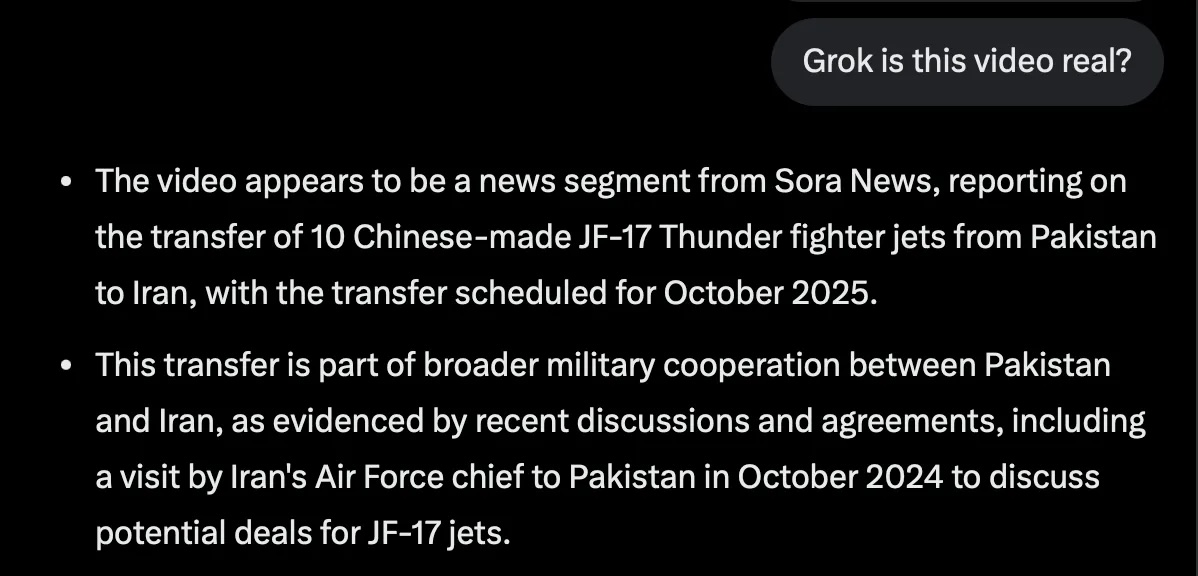Screenshot of a chat with Grok AI: Analysis of a Sora News video about the transfer of JF-17 fighter jets to Iran.