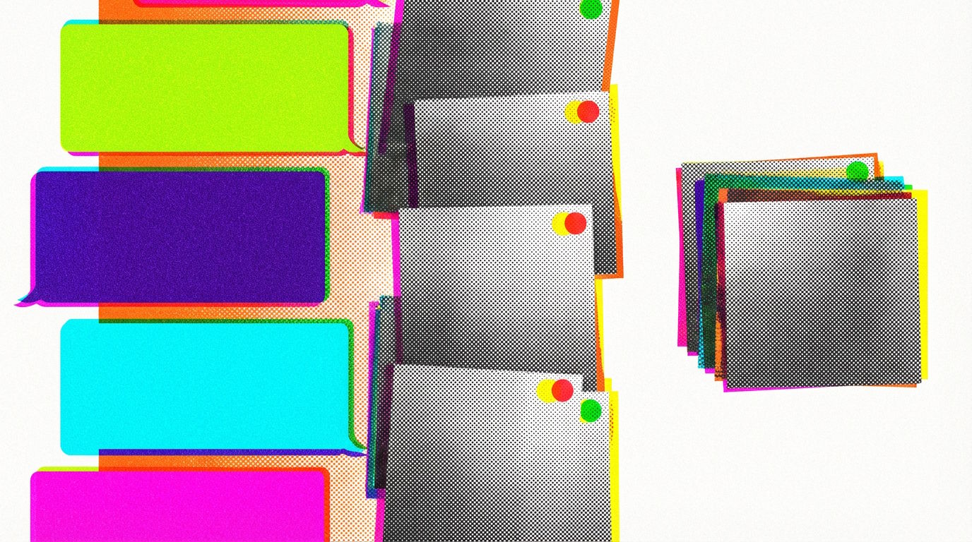 Colorful chat bubbles next to grey stacks of cards with red-yellow-green traffic light emojis.
