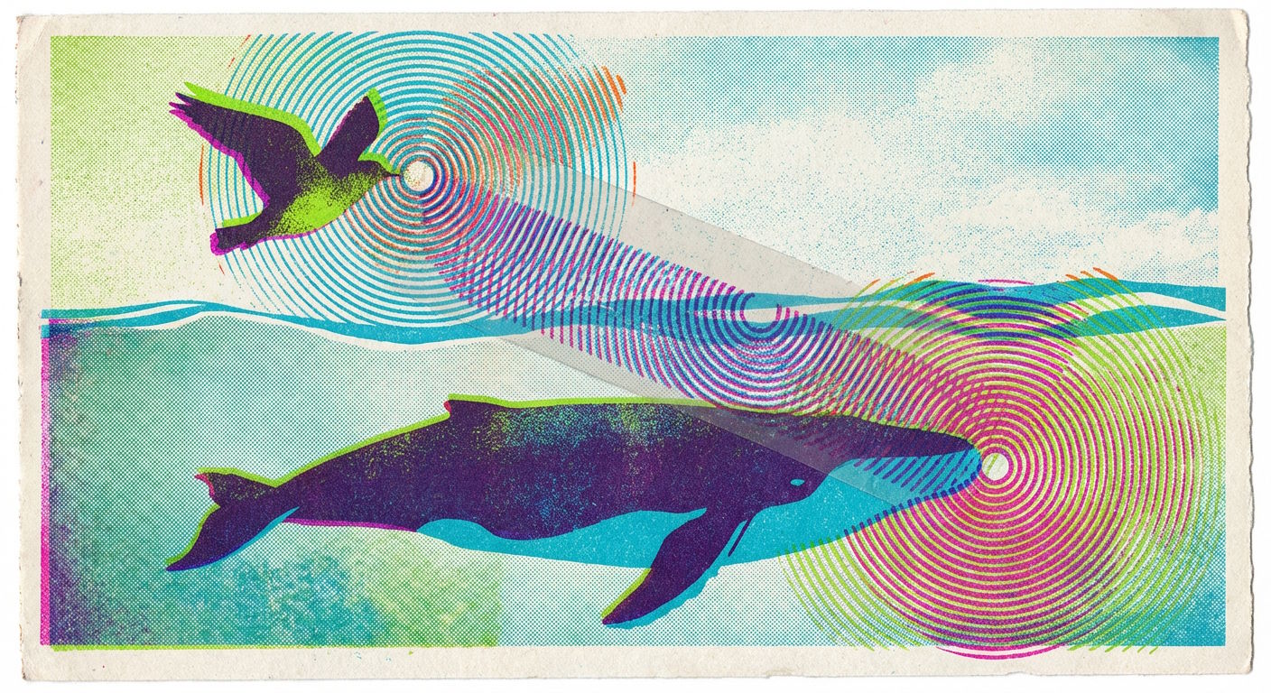 Illustration of a whale under water emitting sound waves that are received by a bird in the air.
